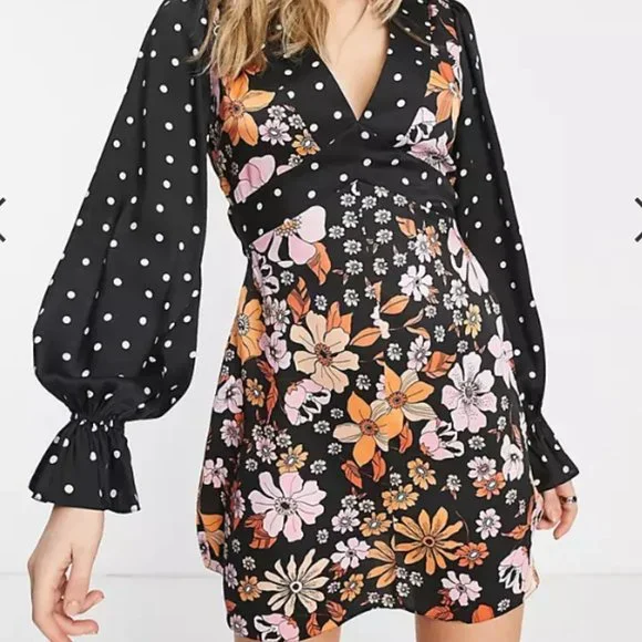 ASOS DESIGN open back mini tea dress in mixed floral and spot Size